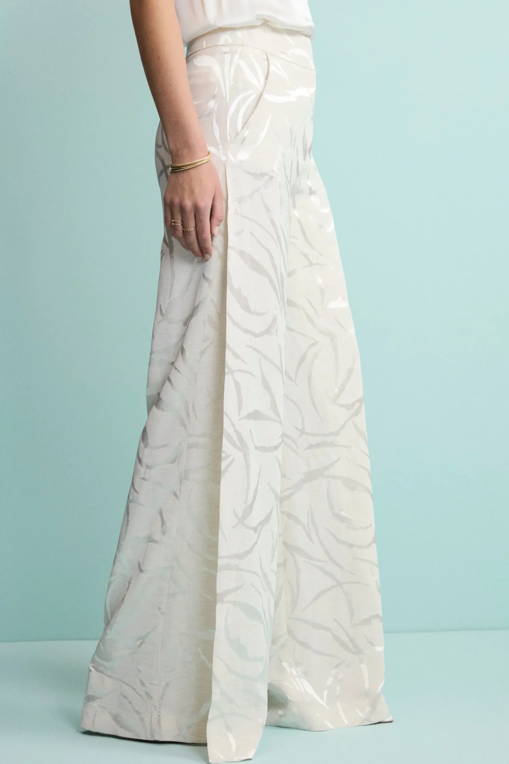Pantalone Aperto Damascato in Misto Lino - ECRU