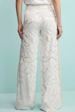 Pantalone Aperto Damascato in Misto Lino - ECRU