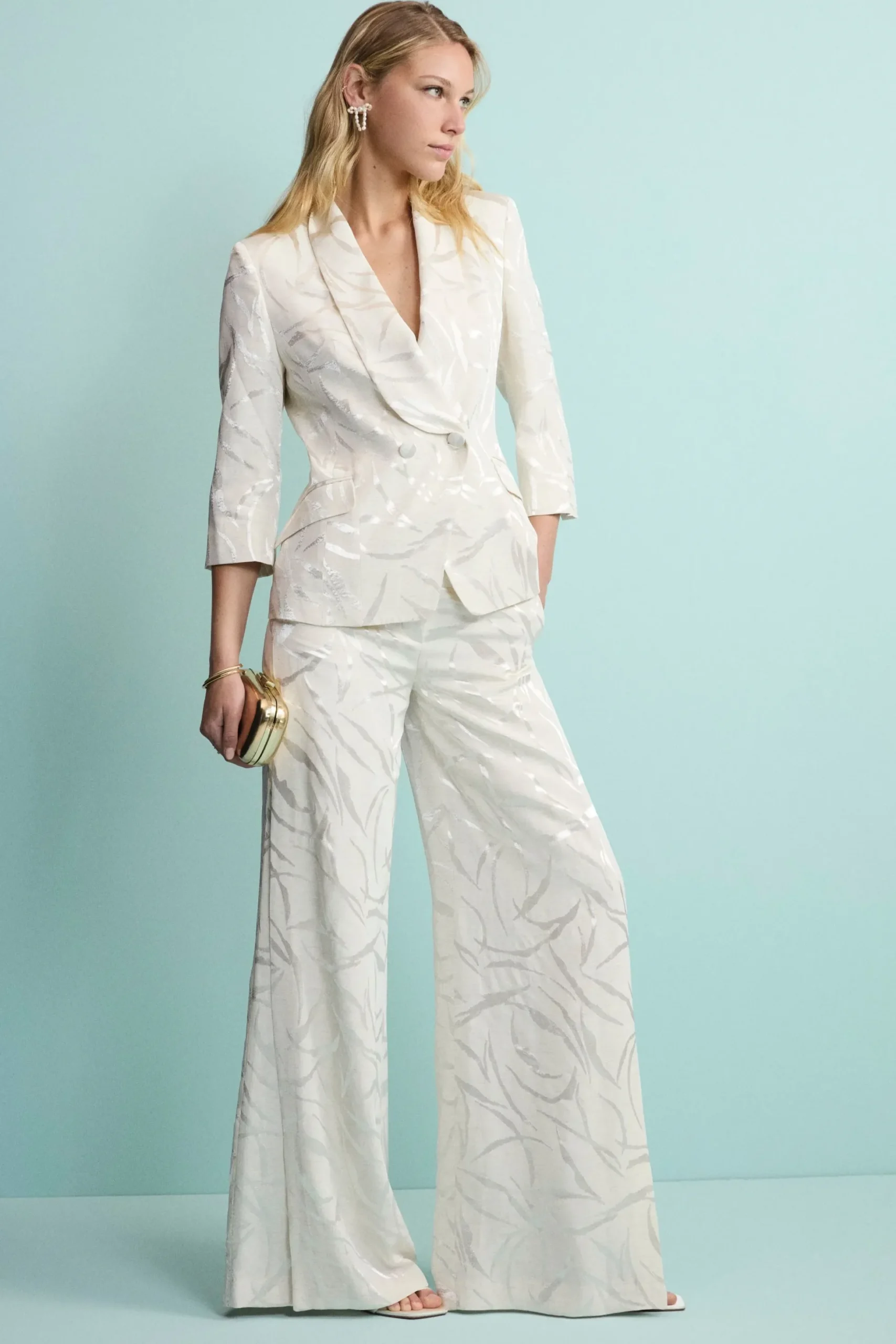 Pantalone Aperto Damascato in Misto Lino - ECRU