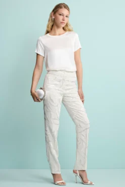 Pantalone a Sigaretta Damascato in Misto Lino - ECRU