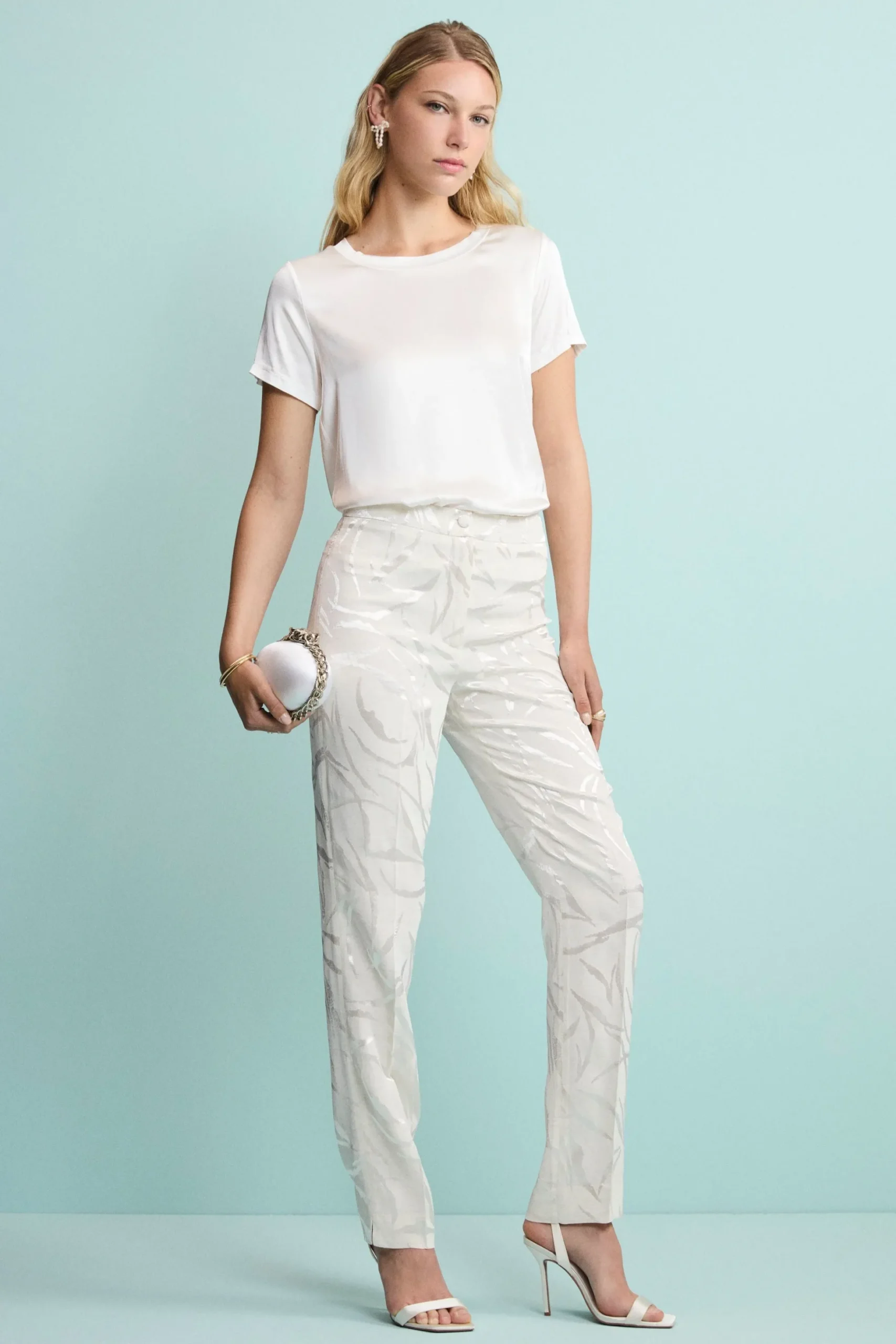 Pantalone a Sigaretta Damascato in Misto Lino - ECRU