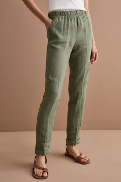 Pantalone a Sigaretta in Lino con Risvolto - VERDE MILITARE