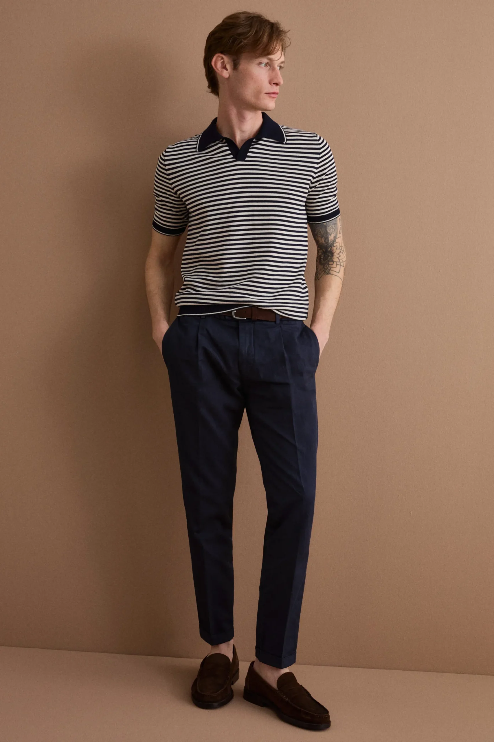 Pantalone Carrot in Misto Lino con Pinces e Risvolto - BLU
