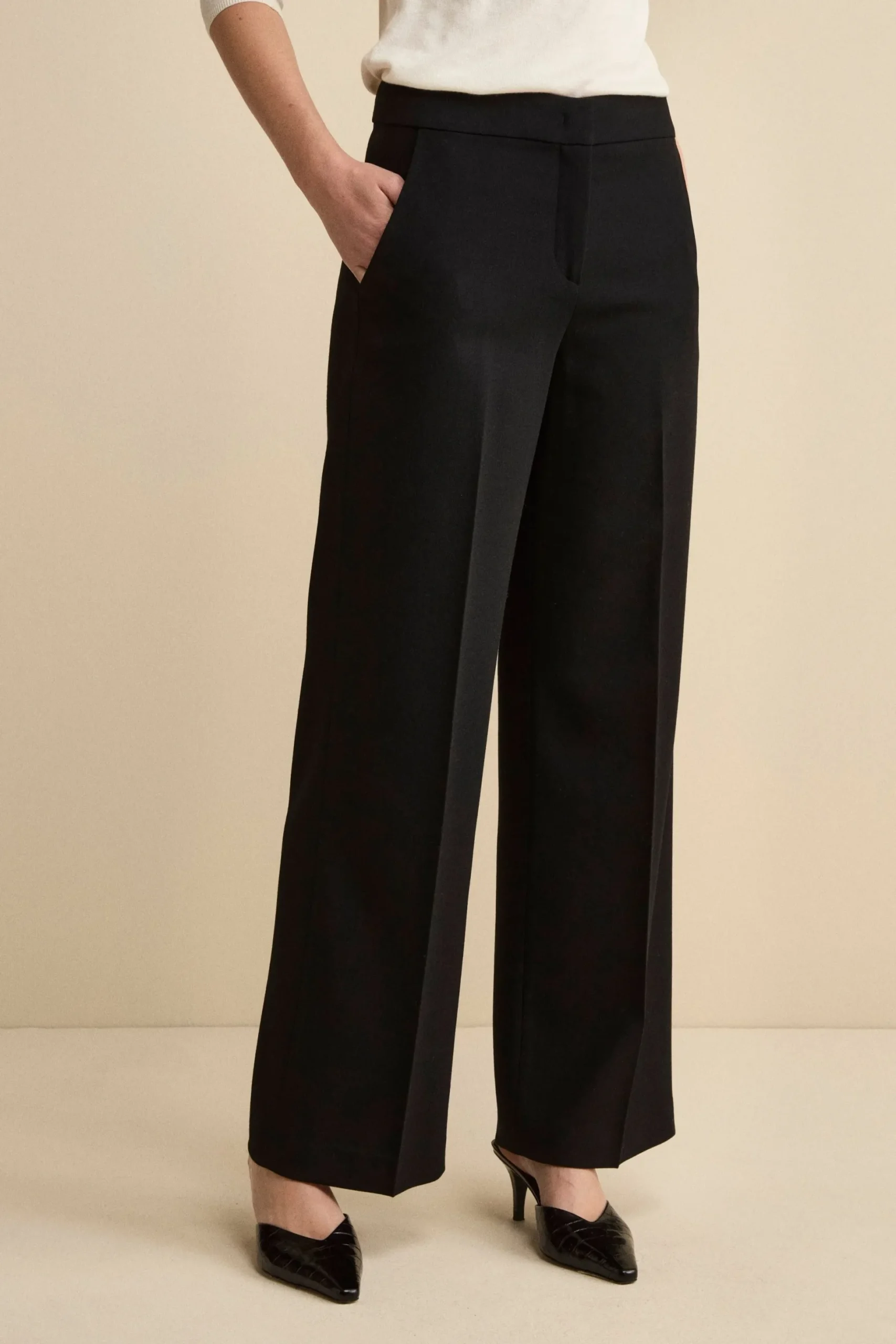 Pantalone con Pieghe a Palazzo in Misto Lana - NERO