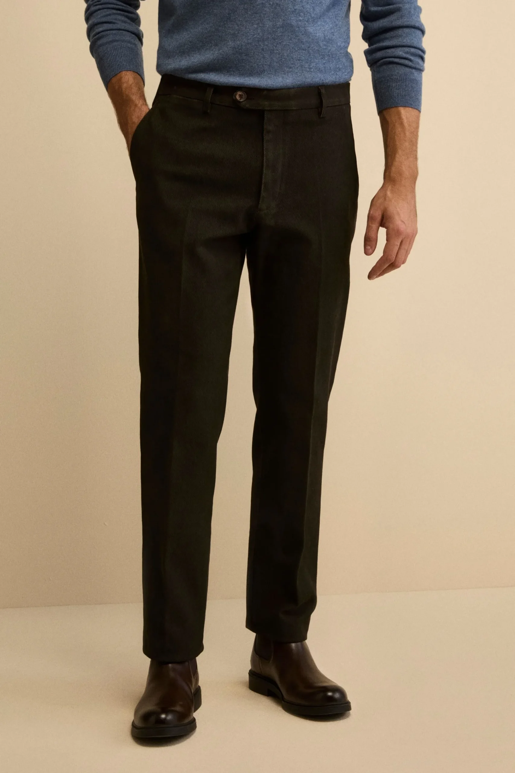 Pantalone con Pieghe Slim Fit in Cotone - T.MORO