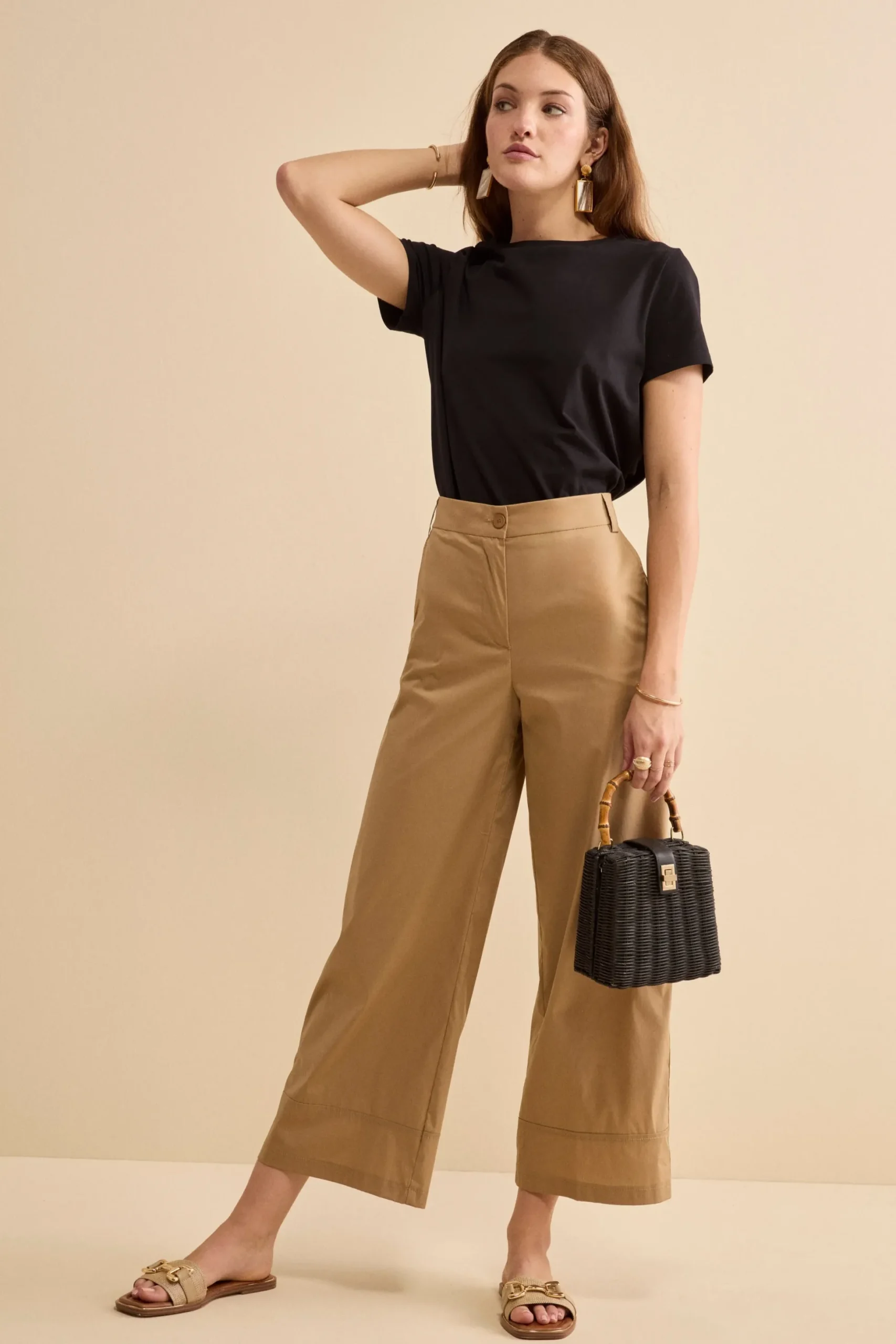 Pantalone Cropped a Palazzo in Tela - CAMMELLO