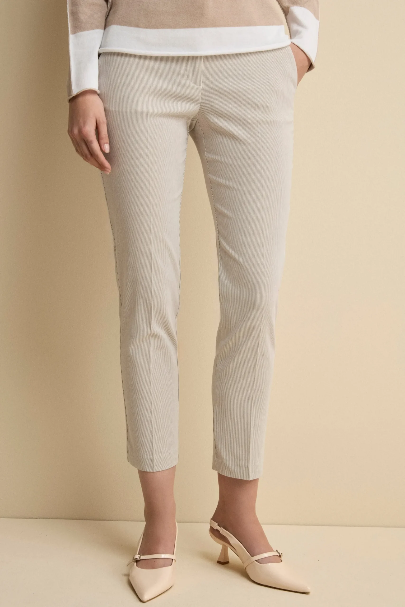 Pantalone Cropped in Bengalina - BEIGE RIGATO