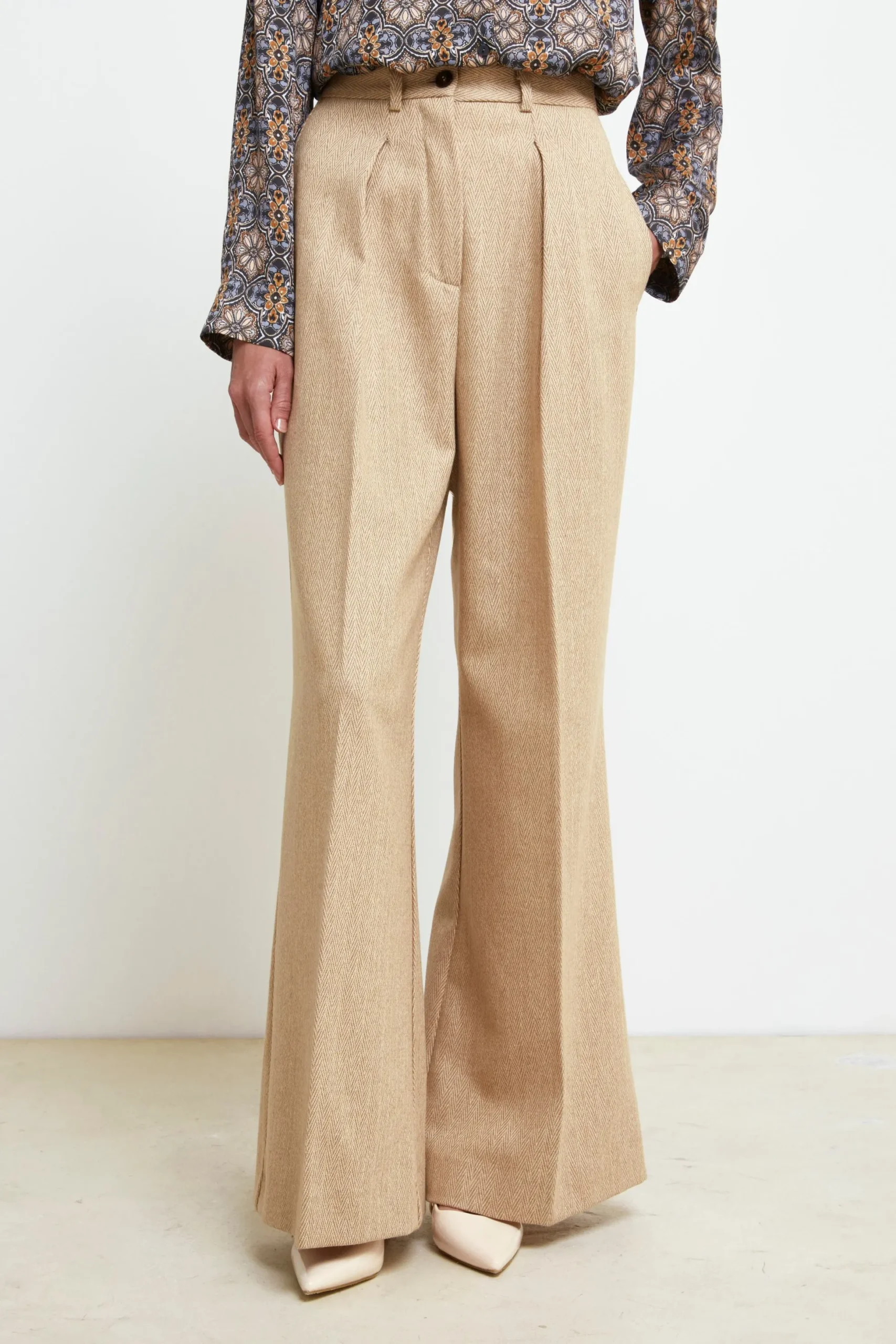 Pantalone Gamba Larga in Lana - BEIGE SPIGATO