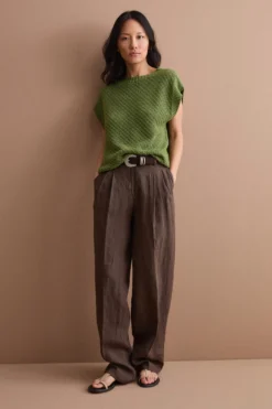 Pantalone Gamba Larga in Lino con Pinces - T.MORO