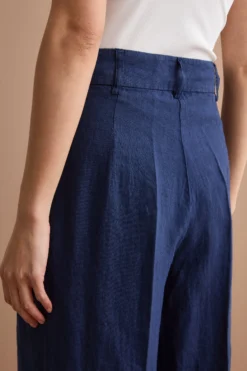 Pantalone Gamba Larga in Lino con Pinces - NAVY