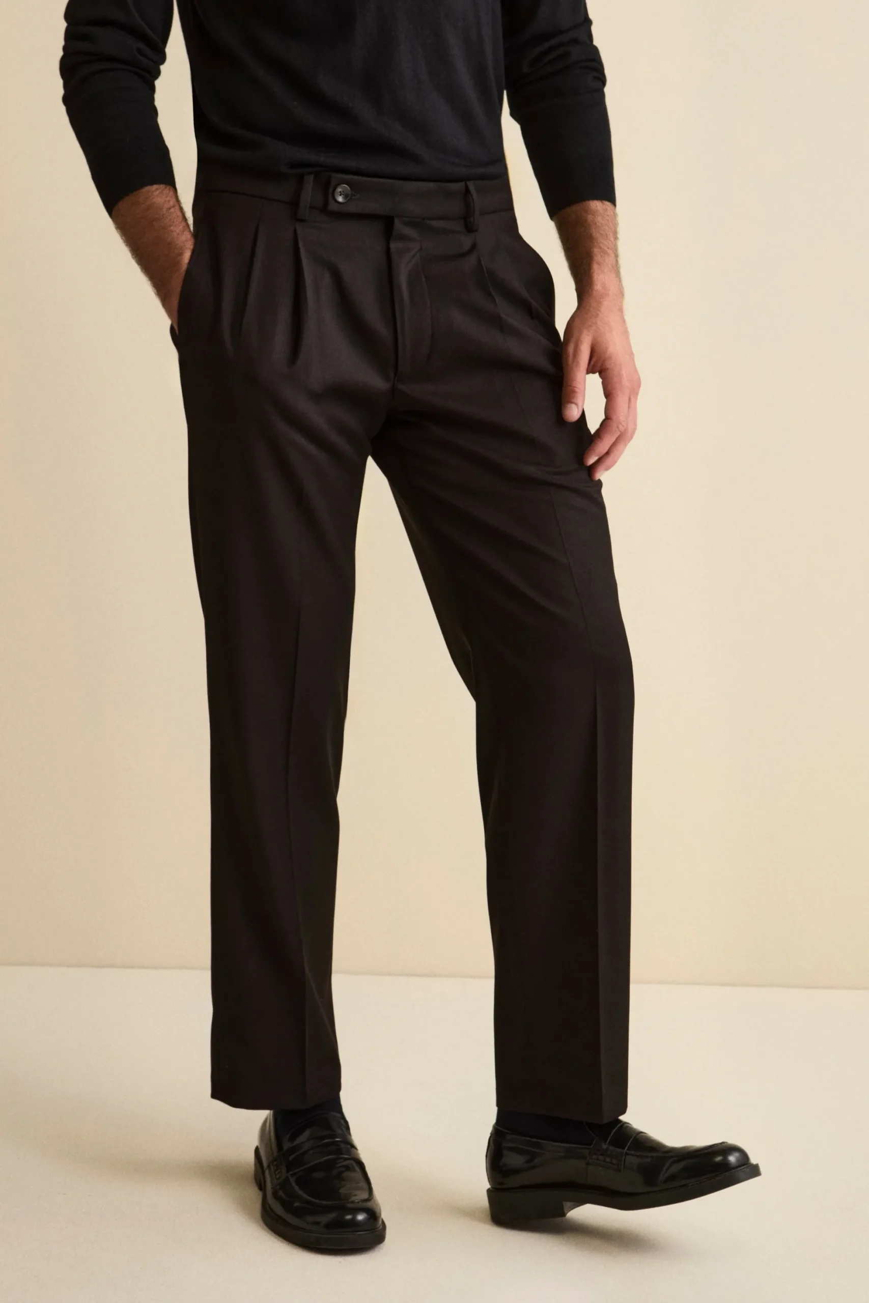 Pantalone Gamba Larga in Misto Lana con Pinces - NERO