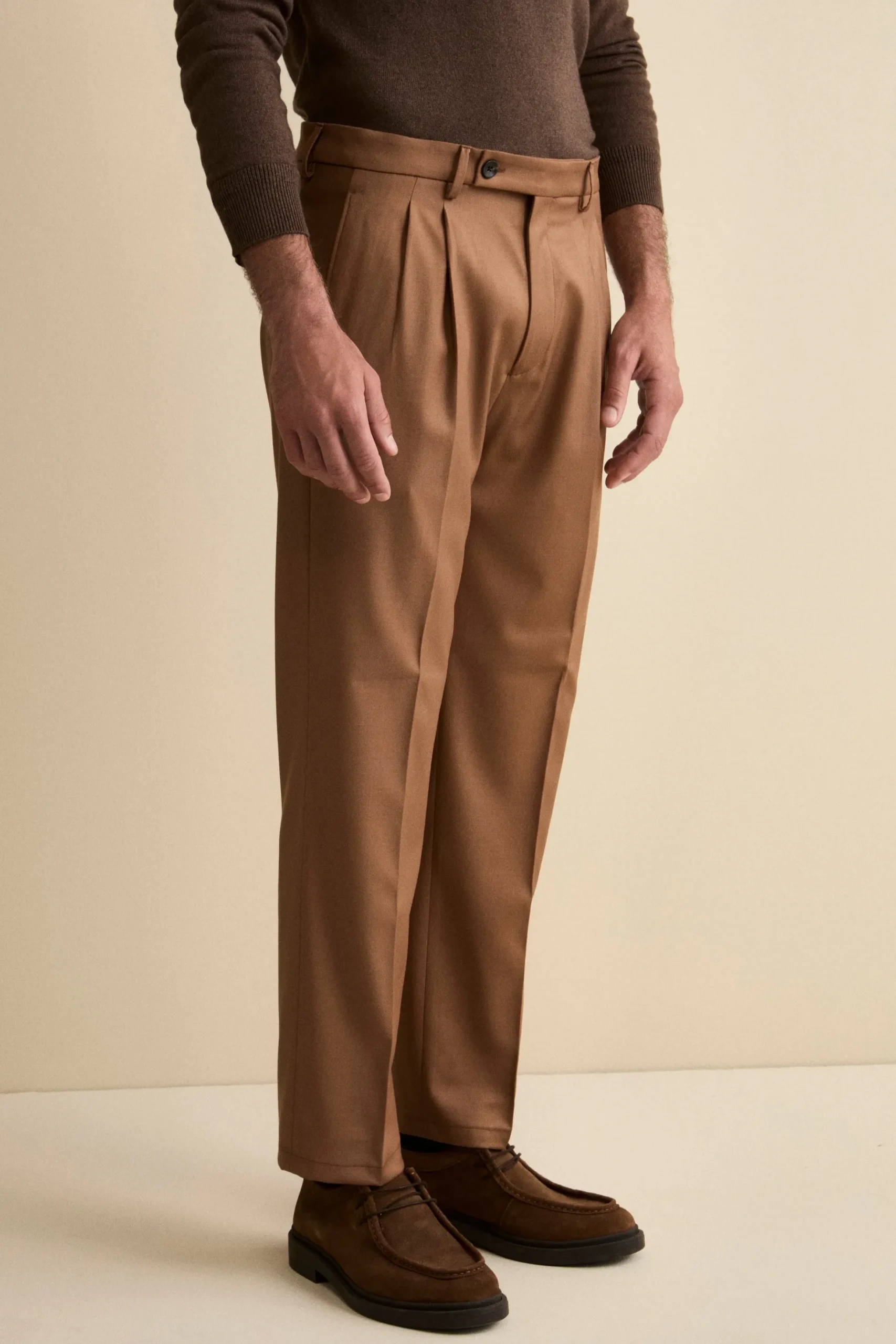 Pantalone Gamba Larga in Misto Lana con Pinces - CAMMELLO