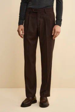 Pantalone Gamba Larga in Misto Lana con Pinces - MARRONE
