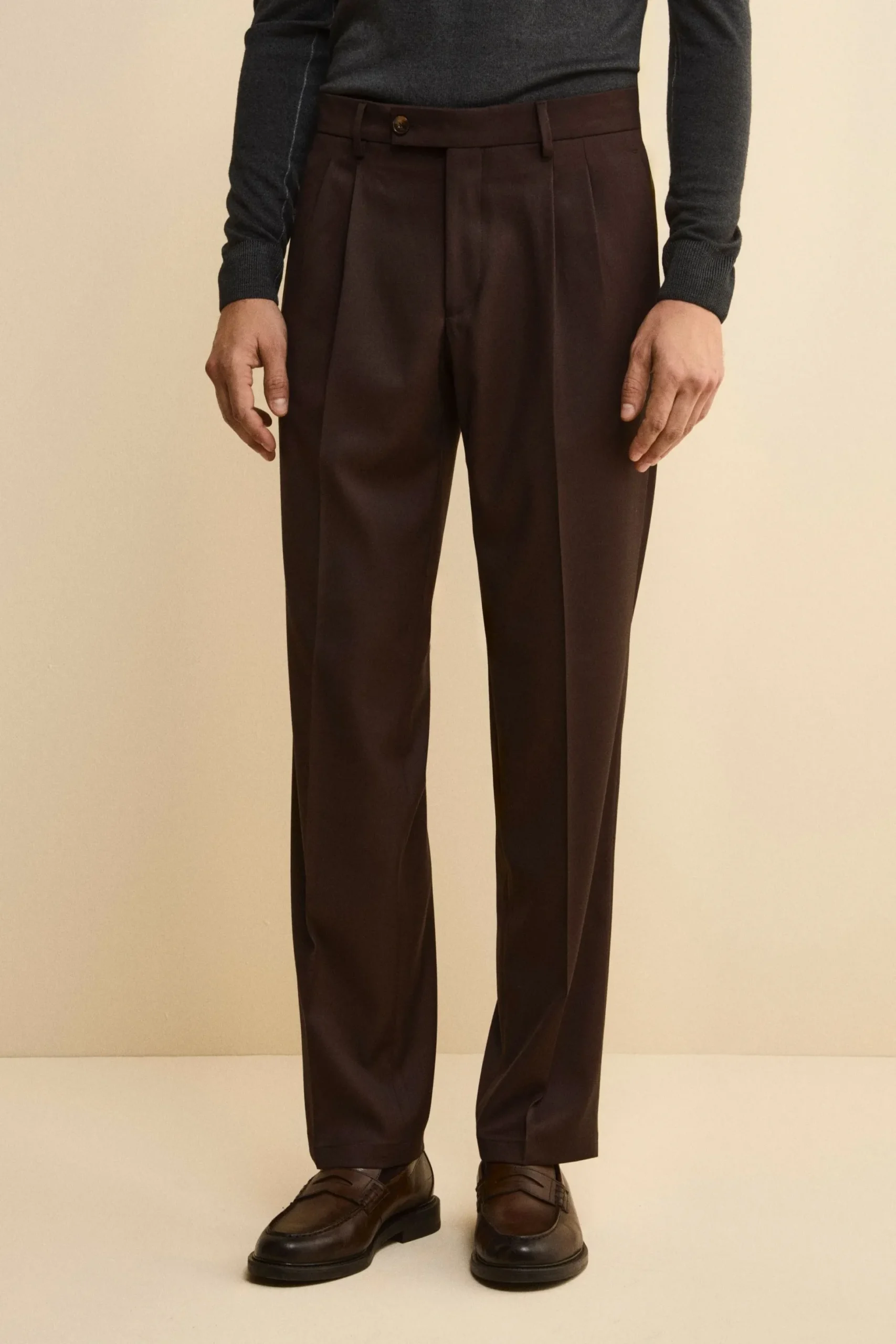 Pantalone Gamba Larga in Misto Lana con Pinces - MARRONE