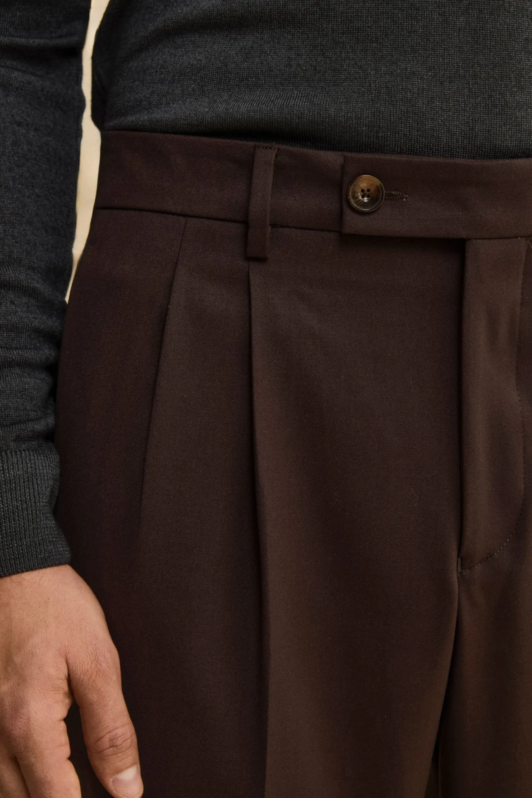 Pantalone Gamba Larga in Misto Lana con Pinces - MARRONE