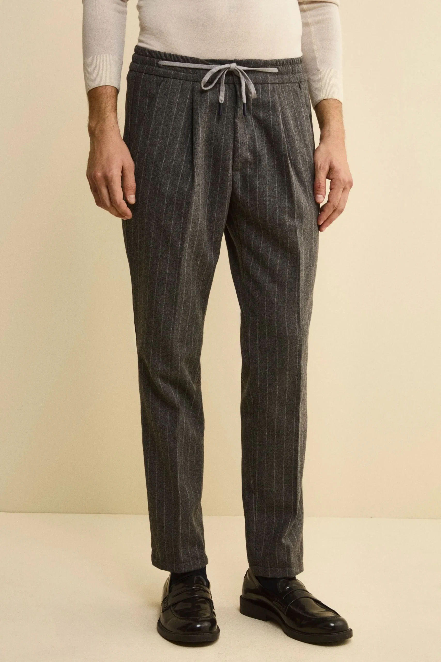 Pantalone Gessato con Coulisse in Misto Lana - GRIGIO MEDIO