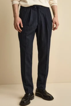 Pantalone Gessato con Coulisse in Misto Lana - BLU