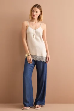 Pantalone in Denim Fluido con Gamba Larga - DENIM
