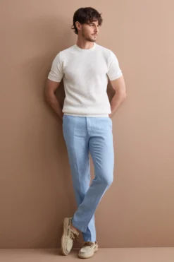 Pantalone in Lino a Sigaretta Regular Fit - AZZURRO