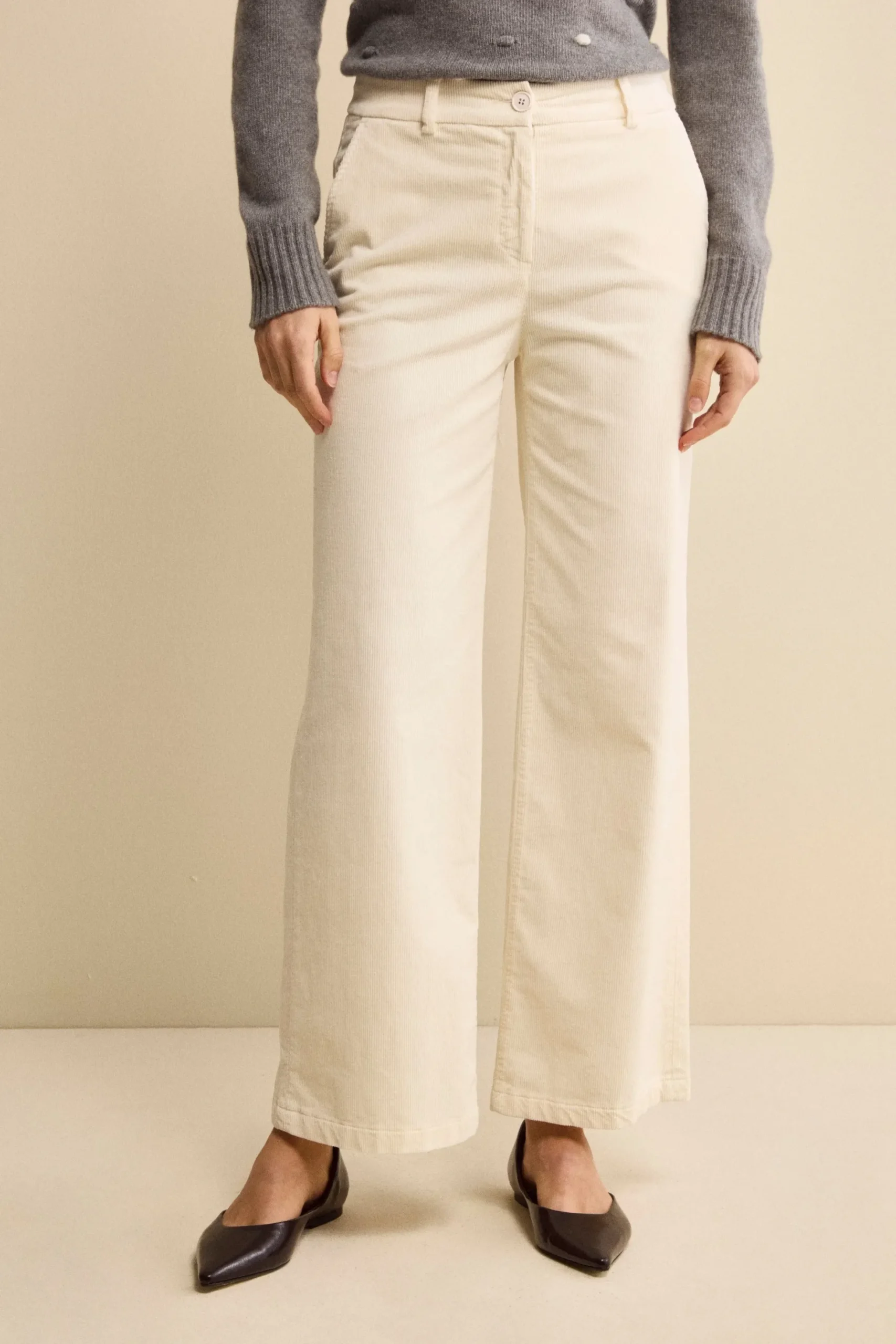 Pantalone in Velluto a Gamba Larga - PANNA