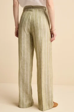 Pantalone Morbido Gessato in Lino - VERDE RIGATO
