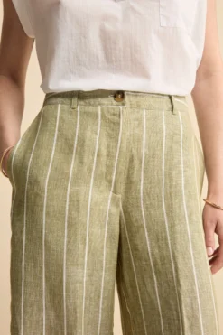 Pantalone Morbido Gessato in Lino - VERDE RIGATO
