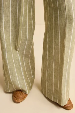 Pantalone Morbido Gessato in Lino - VERDE RIGATO