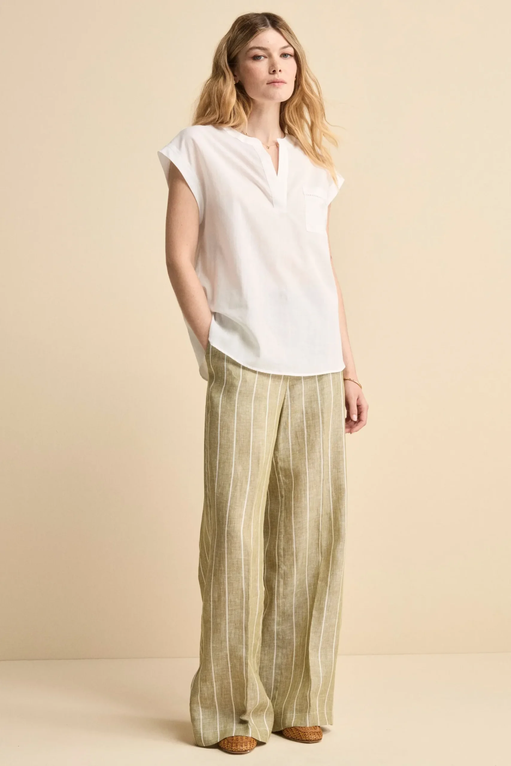 Pantalone Morbido Gessato in Lino - VERDE RIGATO