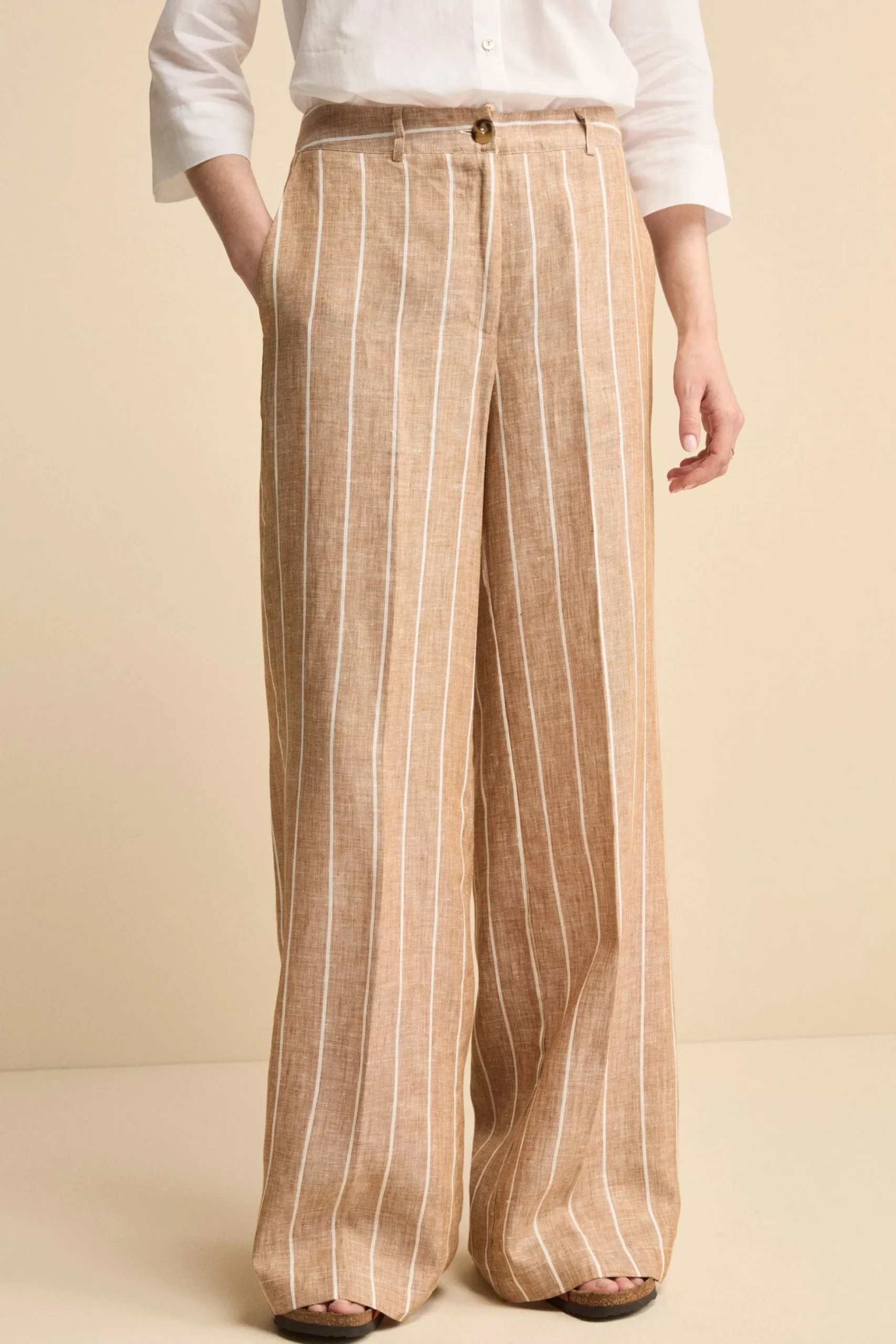 Pantalone Morbido Gessato in Lino - MARRONE RIGATO
