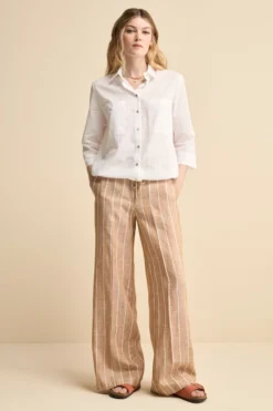Pantalone Morbido Gessato in Lino - MARRONE RIGATO