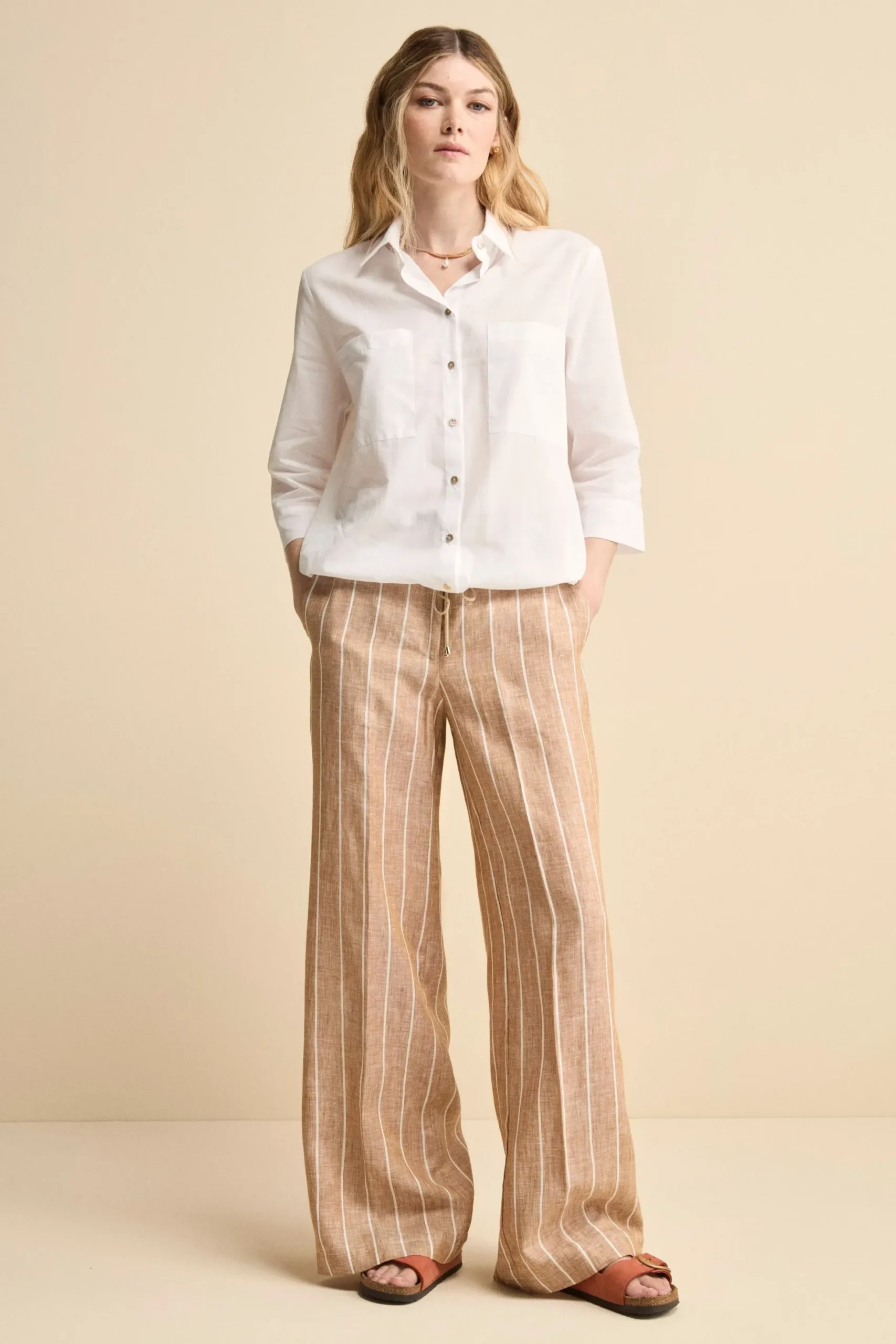 Pantalone Morbido Gessato in Lino - MARRONE RIGATO