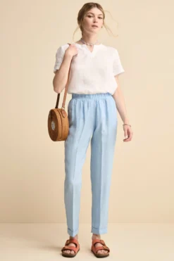 Pantalone Morbido in Lino con Risvolto - AZZURRO