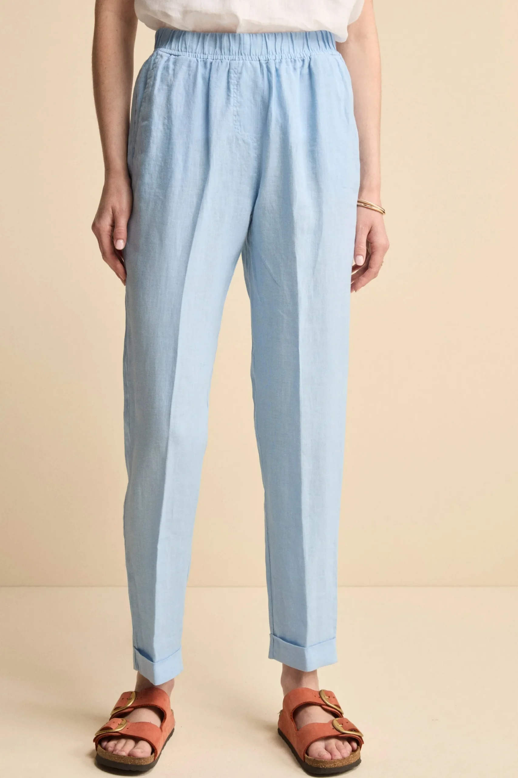 Pantalone Morbido in Lino con Risvolto - AZZURRO