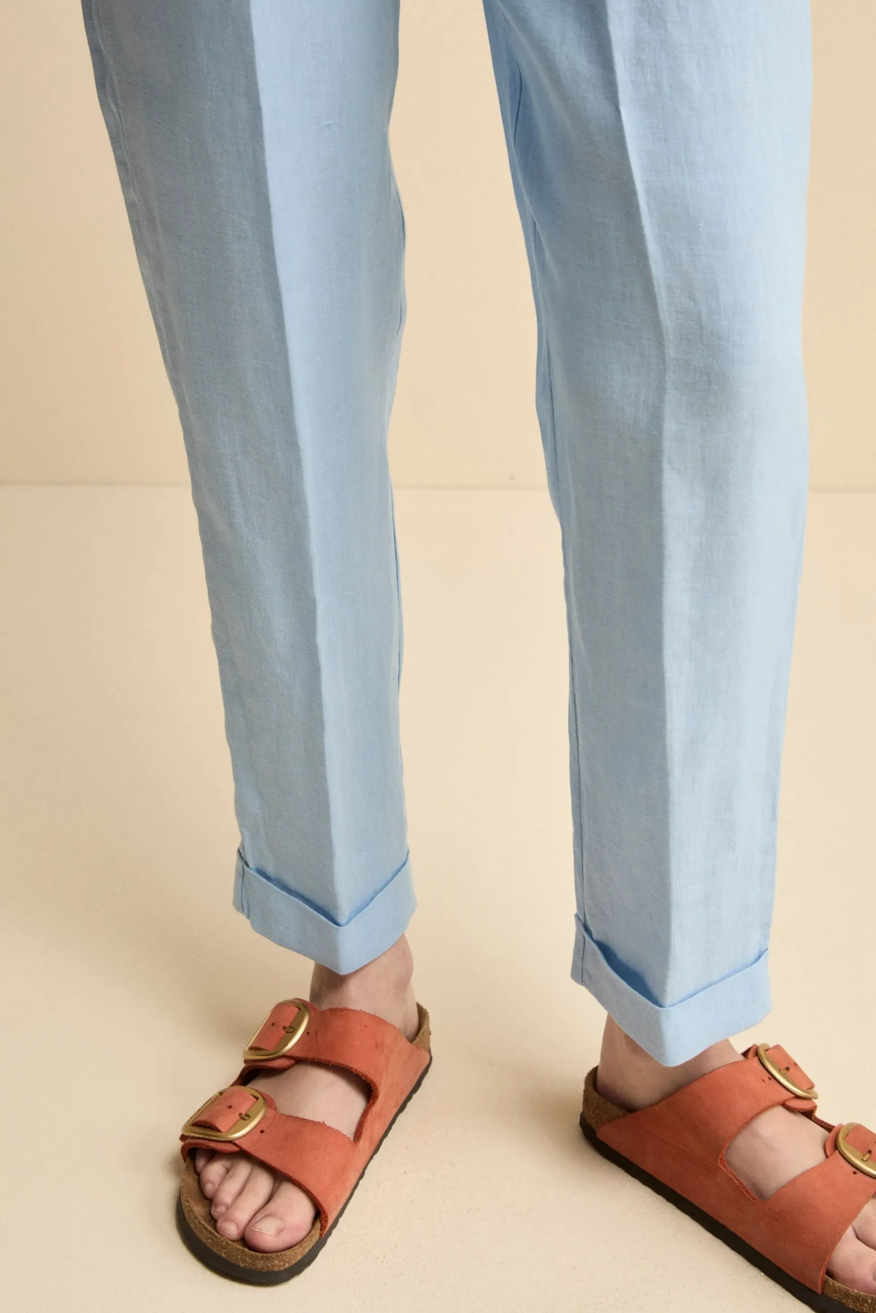 Pantalone Morbido in Lino con Risvolto - AZZURRO