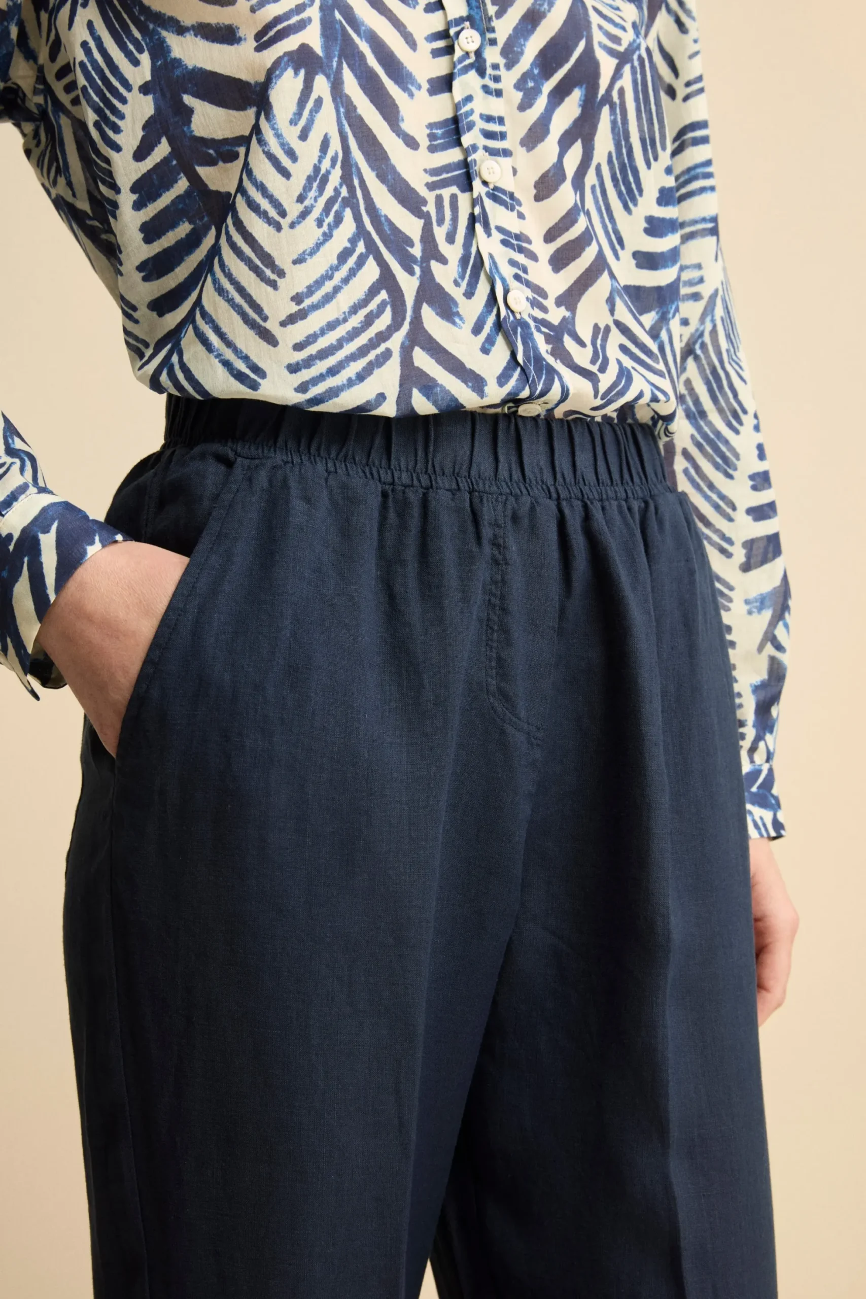 Pantalone Morbido in Lino con Risvolto - BLU