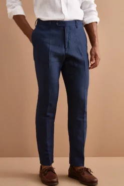 Pantalone Slim Fit in Lino con Pieghe - BLU
