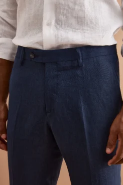 Pantalone Slim Fit in Lino con Pieghe - BLU