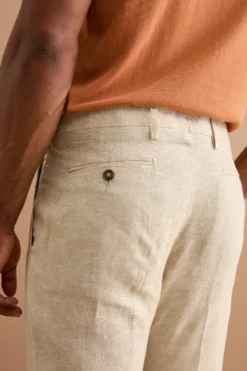 Pantalone Slim Fit in Lino con Pieghe - BEIGE