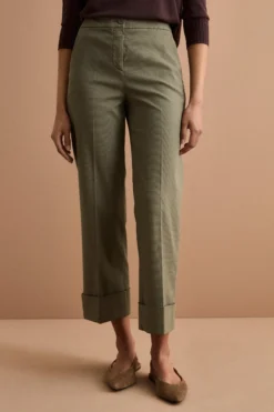 Pantalone Straight con Risvolto in Misto Cotone Piquet - KAKI