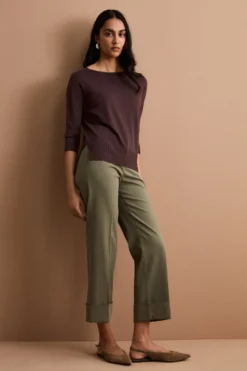 Pantalone Straight con Risvolto in Misto Cotone Piquet - KAKI