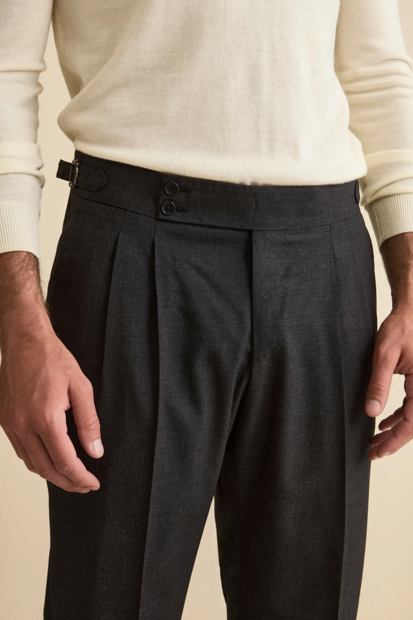 Pantalone Straight in Lana Vergine con Risvolto - GRIGIO