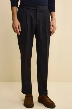 Pantalone Straight in Lana Vergine con Pinces e Risvolto - BLU