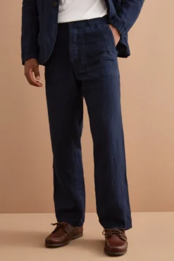 Pantalone Straight in Lino con Tasche e Alamaro - BLU