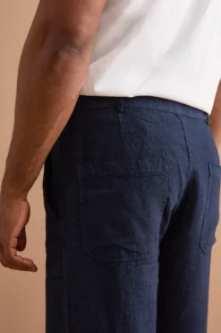 Pantalone Straight in Lino con Tasche e Alamaro - BLU