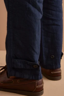 Pantalone Straight in Lino con Tasche e Alamaro - BLU