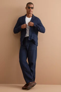 Pantalone Straight in Lino con Tasche e Alamaro - BLU