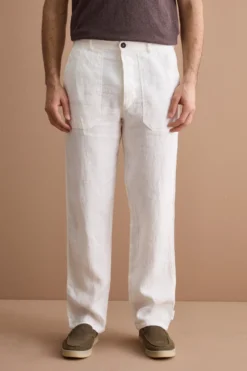 Pantalone Straight in Lino con Tasche e Alamaro - PANNA