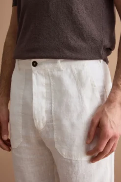 Pantalone Straight in Lino con Tasche e Alamaro - PANNA