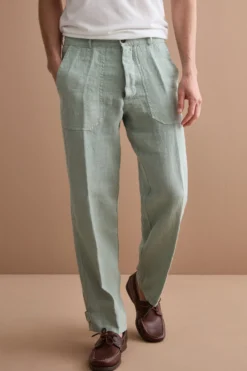Pantalone Straight in Lino con Tasche e Alamaro - VERDE