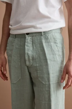 Pantalone Straight in Lino con Tasche e Alamaro - VERDE